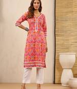 Bahaar pink block print kurti with crochet lace