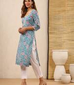 Chaand teal block print kurti with crochet lace