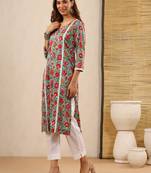 Chhaya mint green block print kurti with crochet lace