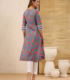 Bahaar blue block print kurti with crochet lace
