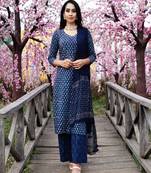 Blue block butti print cotton kurta pant set (set of 3 )