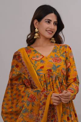 pure cotton women floral printed v-neck anarkali aliya cut kurta & pant with dupatta 1
