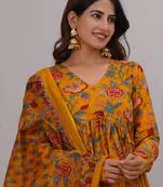 pure cotton women floral printed v-neck anarkali aliya cut kurta & pant with dupatta