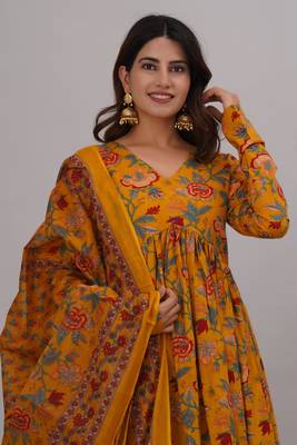 pure cotton women floral printed v-neck anarkali aliya cut kurta & pant with dupatta 2