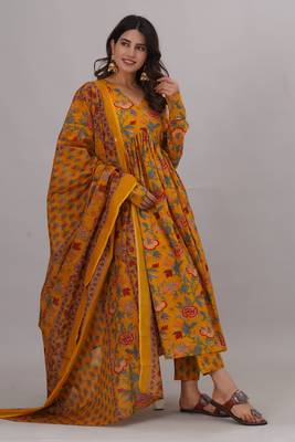 pure cotton women floral printed v-neck anarkali aliya cut kurta & pant with dupatta 3