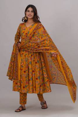 pure cotton women floral printed v-neck anarkali aliya cut kurta & pant with dupatta 4