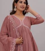 women's mull cotton embroidery v-neck anarkali aliya cut kurta and pant dupatta