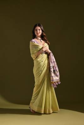 Pista soft muga cotton weaving saree with zari woven 3