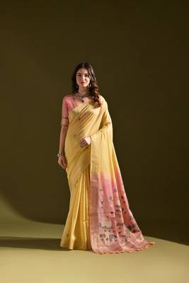 Yellow soft muga cotton weaving saree with zari woven 1