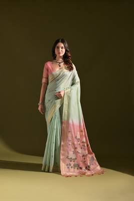 Light green soft muga cotton weaving saree with zari woven 1