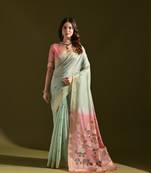 Light green soft muga cotton weaving saree with zari woven