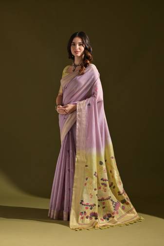 Purple soft muga cotton weaving saree with zari woven