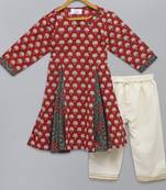 Red printed godet kurta with offwhite pyjama