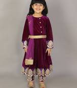 Purple velvet embroidered anarkali pants with net dupatta