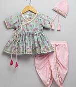 Mint green lotus print angrakha dhoti set