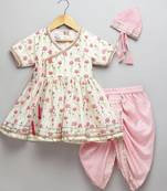 Offwhite pink lotus print angrakha dhoti set