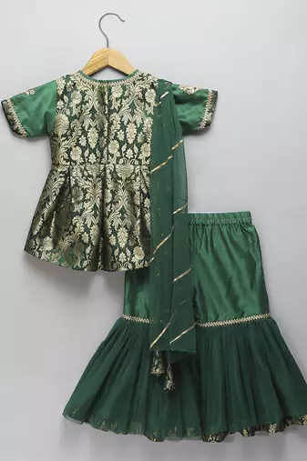 Green brocade sharara set with attached dupatta
