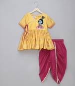 Yellow krishna embroidered kurta dhoti