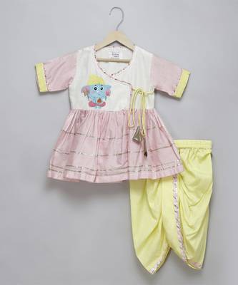 Ganpati embroidered pink yellow dhoti set 1