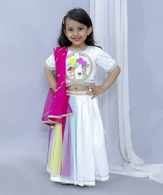 Kids playing holi print white holi lehnga set 1