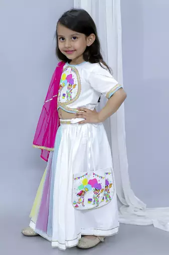 Kids playing holi print white holi lehnga set