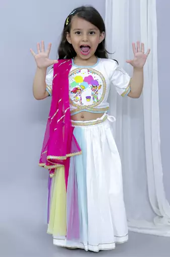 Kids playing holi print white holi lehnga set