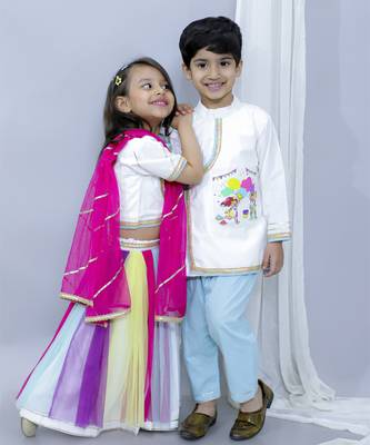 Kids playing holi print white holi lehnga set 5