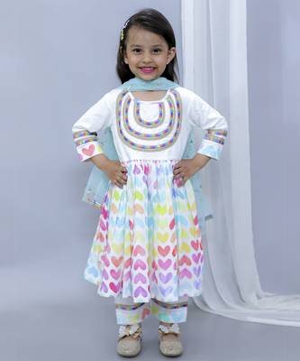 White multicolor heart prints kurta set 1