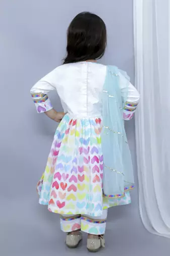 White multicolor heart prints kurta set