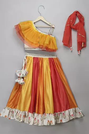 Orange yellow frill organza lehnga set