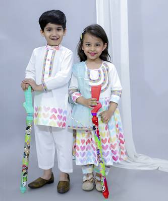 White multicolor heart prints kurta set 3
