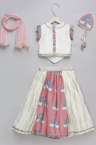 Cow printed pink and off white lehnga set