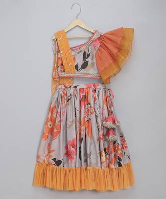 Grey orange floral printed off shoulder lehnga set with attached dupatta 1