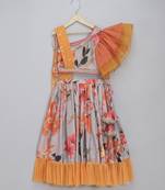 Grey orange floral printed off shoulder lehnga set with attached dupatta