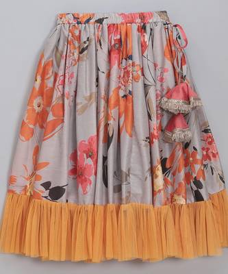 Grey orange floral printed off shoulder lehnga set with attached dupatta 2