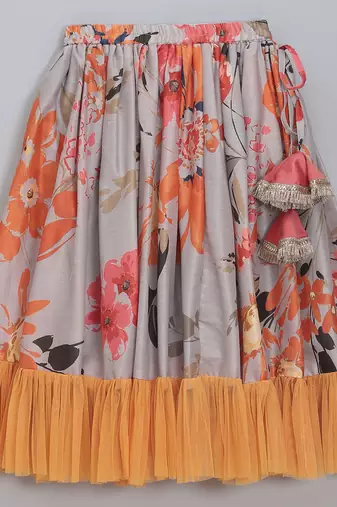 Grey orange floral printed off shoulder lehnga set with attached dupatta