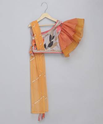 Grey orange floral printed off shoulder lehnga set with attached dupatta 3
