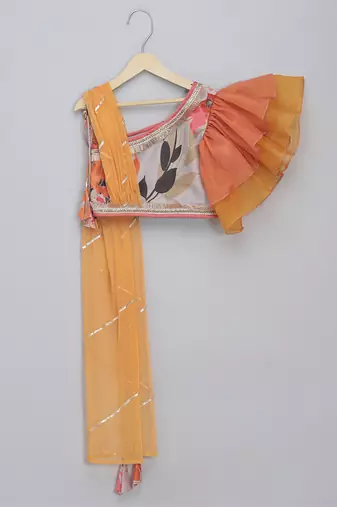 Grey orange floral printed off shoulder lehnga set with attached dupatta