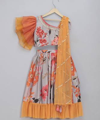 Grey orange floral printed off shoulder lehnga set with attached dupatta 4