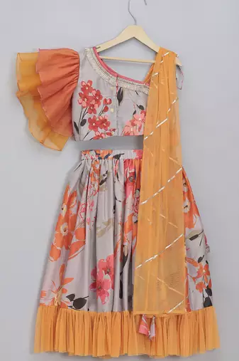 Grey orange floral printed off shoulder lehnga set with attached dupatta