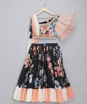 Black floral printed off shoulder lehnga set with attached dupatta 1