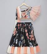 Black floral printed off shoulder lehnga set with attached dupatta