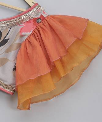 Grey orange floral printed off shoulder lehnga set with attached dupatta 5