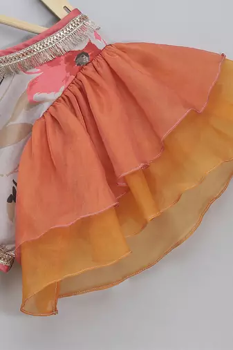 Grey orange floral printed off shoulder lehnga set with attached dupatta