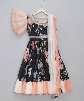 Black floral printed off shoulder lehnga set with attached dupatta 4