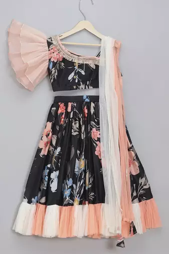Black floral printed off shoulder lehnga set with attached dupatta