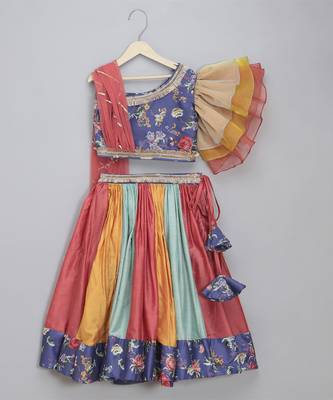 Purple floral printed off shoulder lehnga set with attached dupatta 1