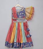 Purple floral printed off shoulder lehnga set with attached dupatta