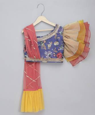 Purple floral printed off shoulder lehnga set with attached dupatta 2