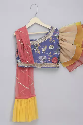 Purple floral printed off shoulder lehnga set with attached dupatta